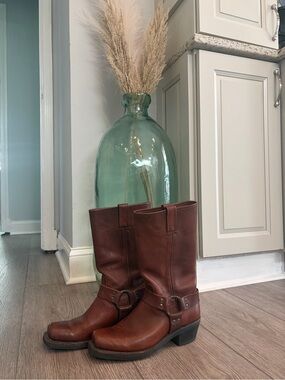FRYE AND CO. Brown Leather Mid-Calf Harness Boots